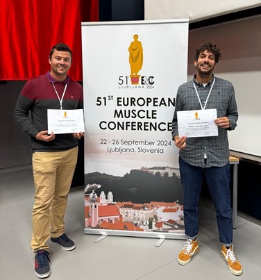 Septiembre 2024. Roberto y Miguel reciben los primeros premios Marcus Schaub a investigadores jóvenes en las categorías de mejor presentación oral y mejor póster, respectivamente, en la 51 Conferencia Europea de Músculo en Ljubljana.